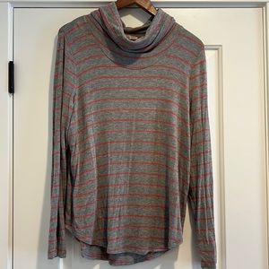Gray and pink striped cowl neck, long sleeve LOFT shirt